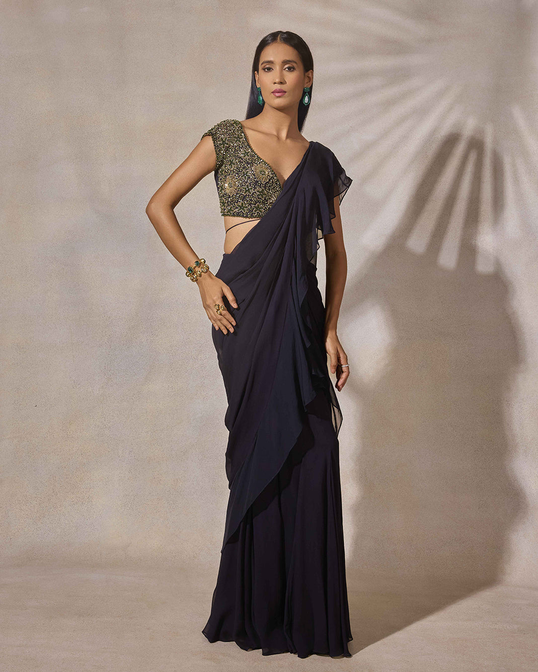 Midnight Blue Hand Embroidered Cap Sleeve Blouse & Ruffle Saree Set