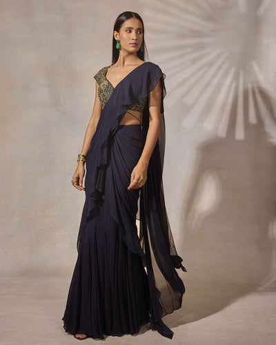 Midnight Blue Hand Embroidered Cap Sleeve Blouse & Ruffle Saree Set