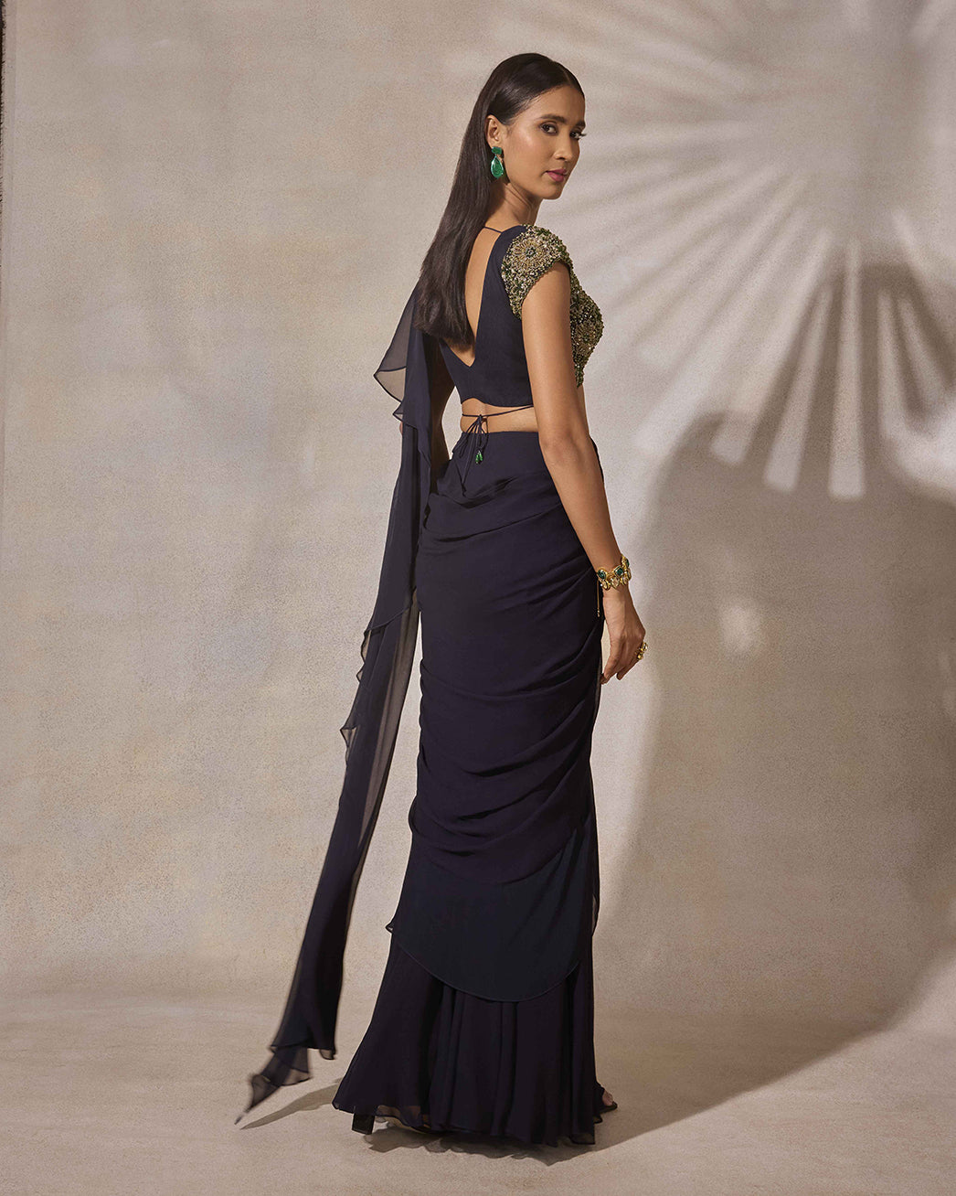 Midnight Blue Hand Embroidered Cap Sleeve Blouse & Ruffle Saree Set