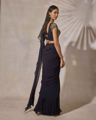 Midnight Blue Hand Embroidered Cap Sleeve Blouse & Ruffle Saree Set