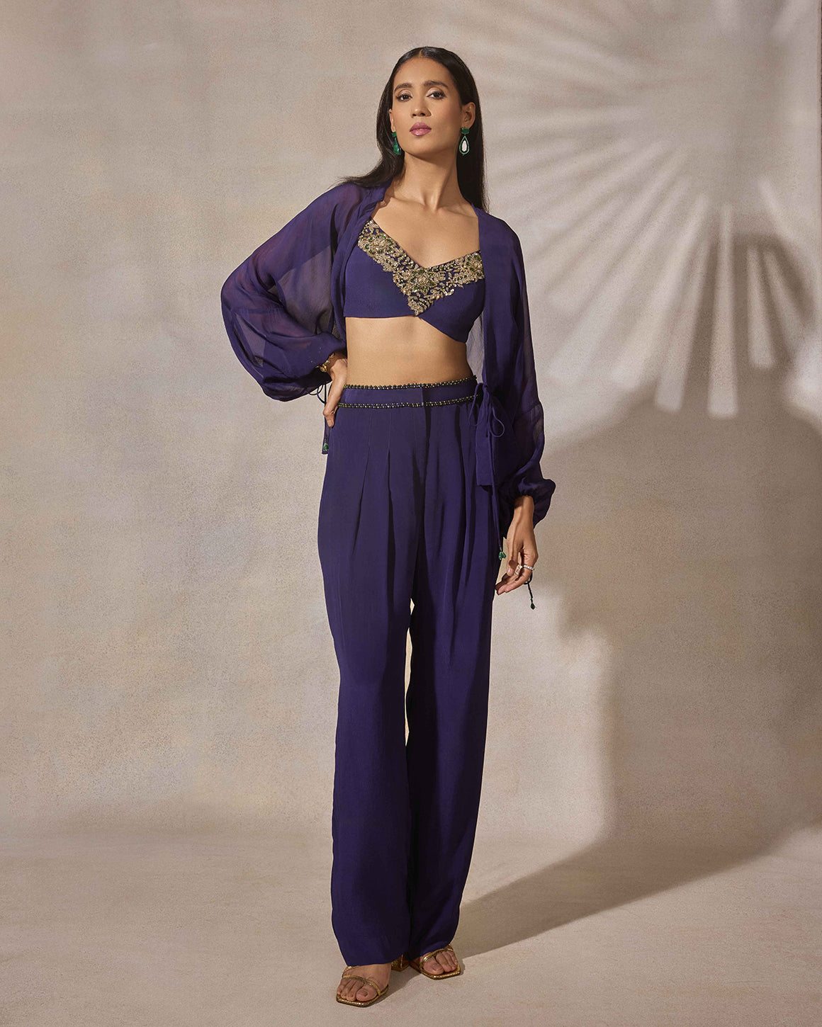 Indigo Patchwork Blouse with Pleated Pants & Jacket Set