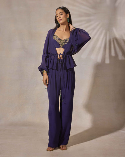 Indigo Patchwork Blouse with Pleated Pants & Jacket Set