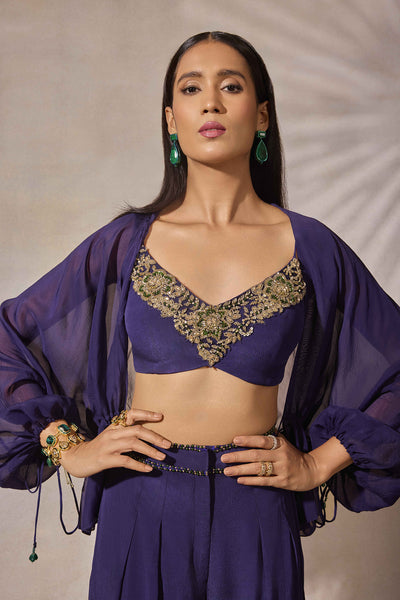 Indigo Patchwork Blouse with Pleated Pants & Jacket Set