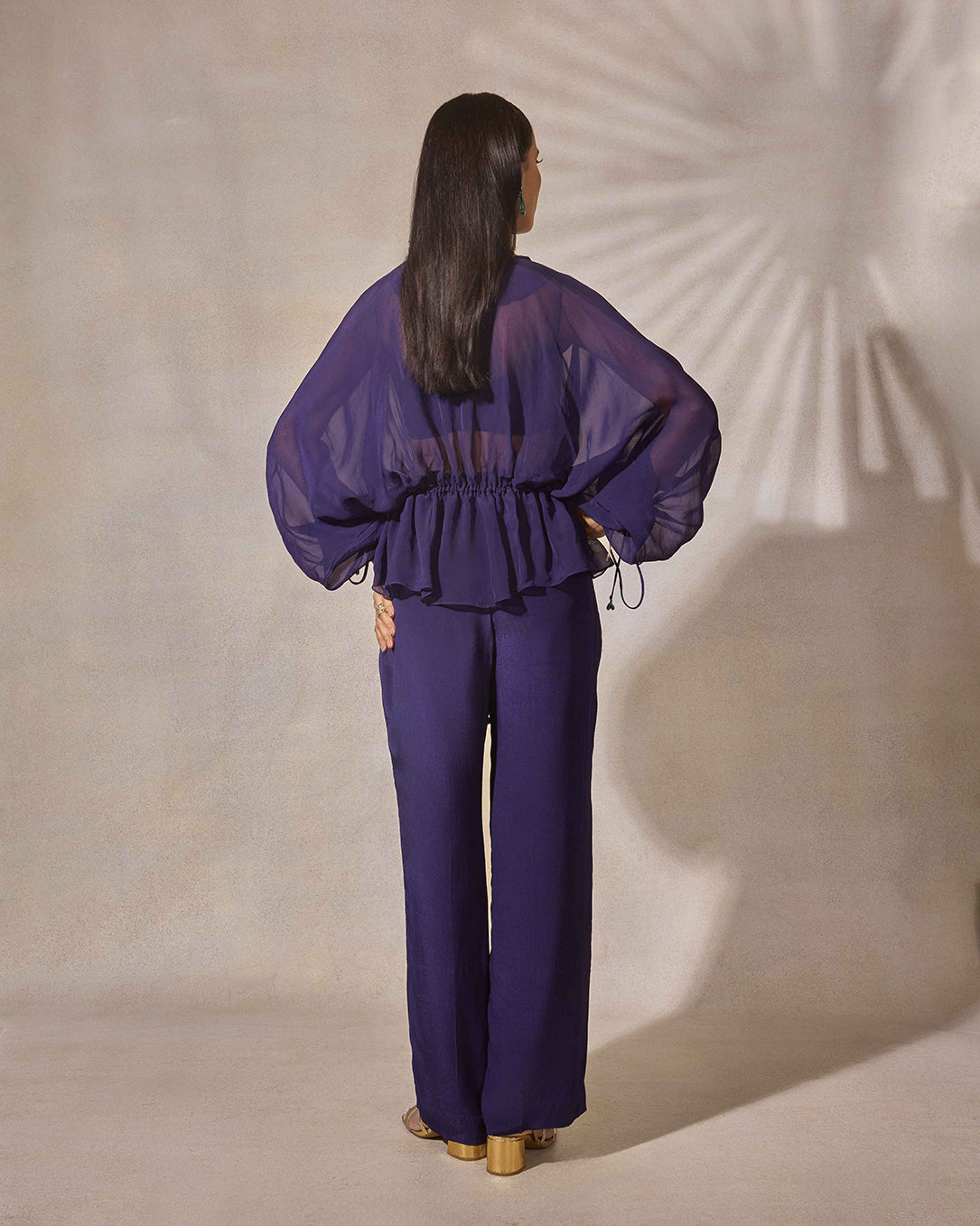 Indigo Patchwork Blouse with Pleated Pants & Jacket Set