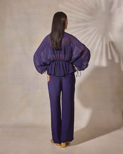 Indigo Patchwork Blouse with Pleated Pants & Jacket Set