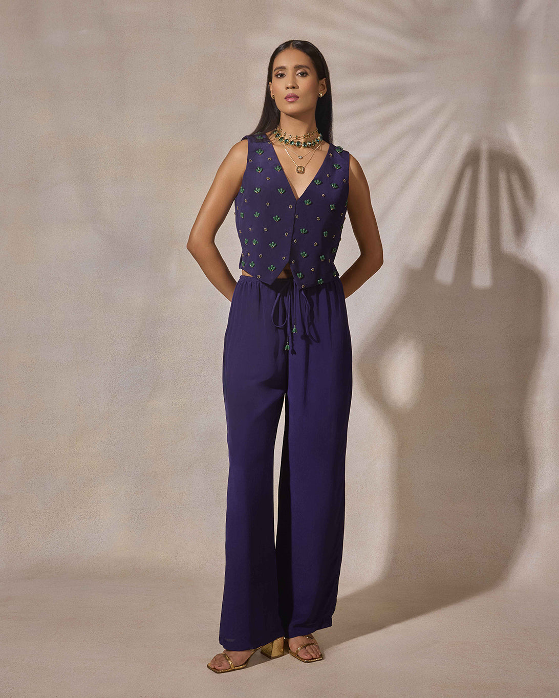 Indigo Beaded Waistcoat & Pant Set