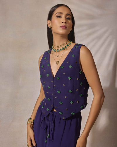 Indigo Beaded Waistcoat & Pant Set