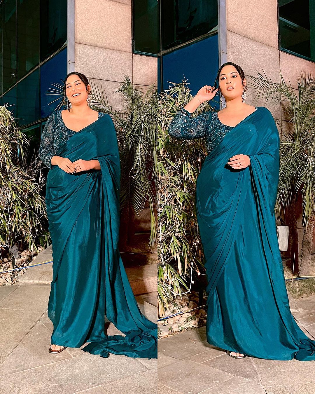 Sakshi Sindhwani In Emerald Green Full Sleeve Saree Set