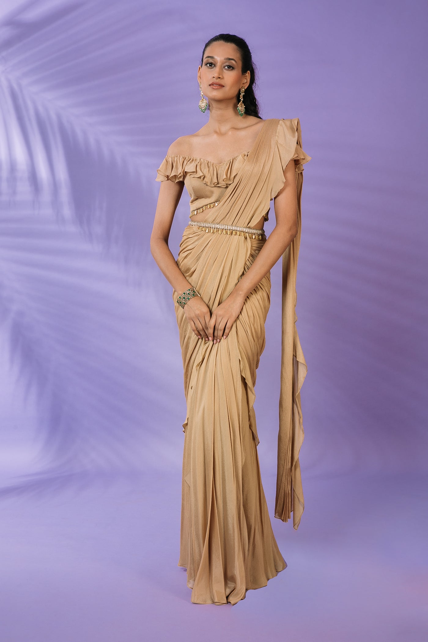 Beige Pre Draped Saree Set