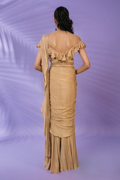 Beige Pre Draped Saree Set