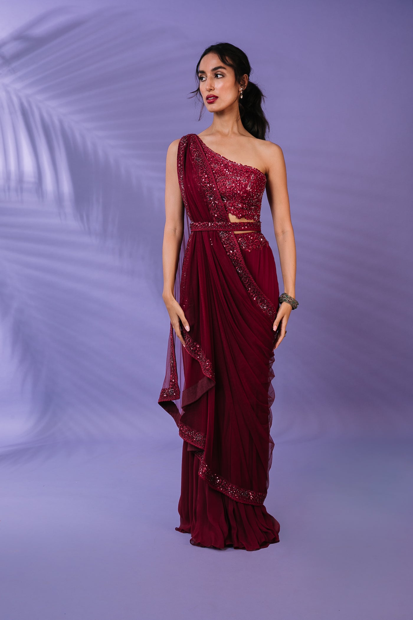 Crimson One-shoulder Draped Pant Saree Set