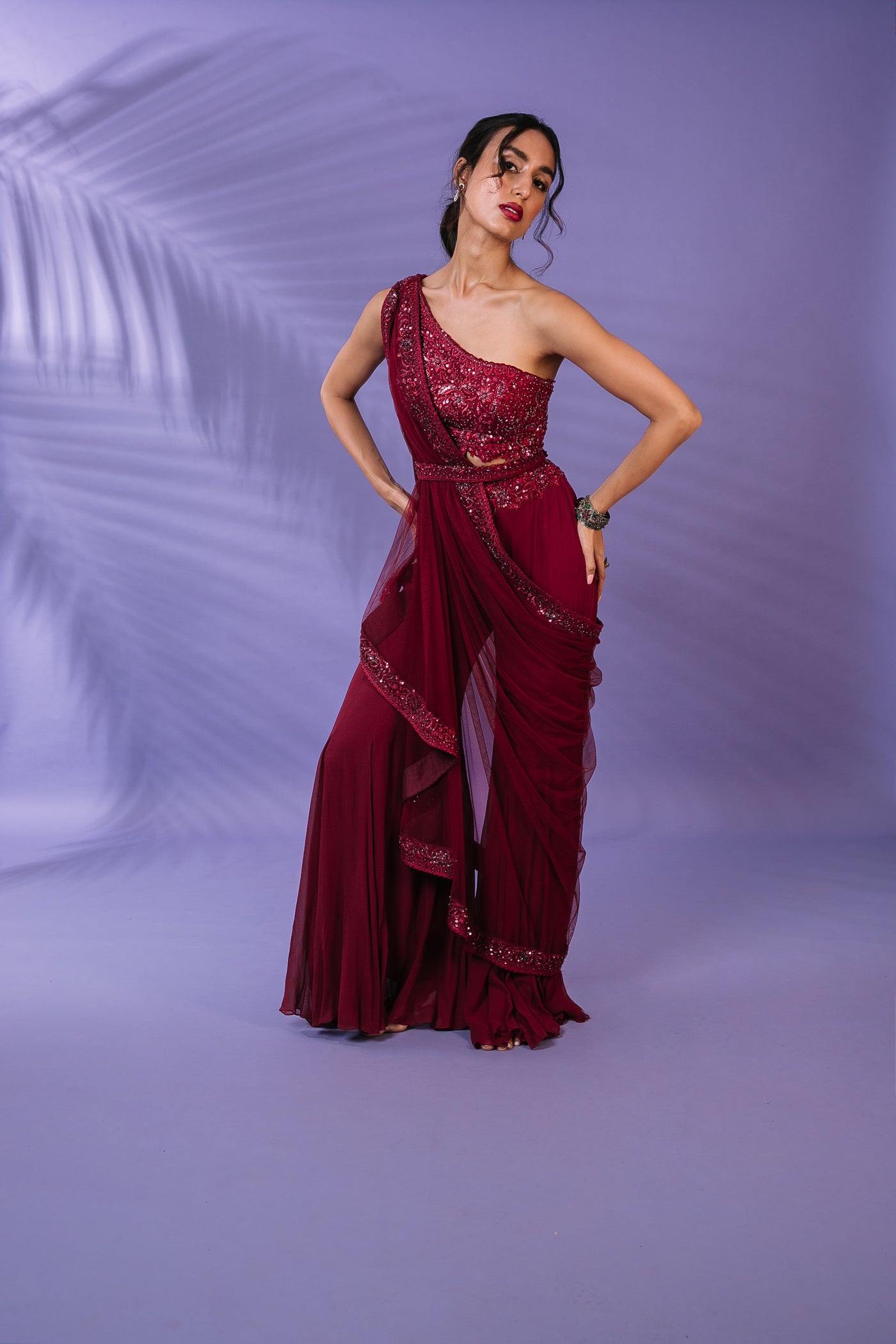 Crimson One-shoulder Draped Pant Saree Set