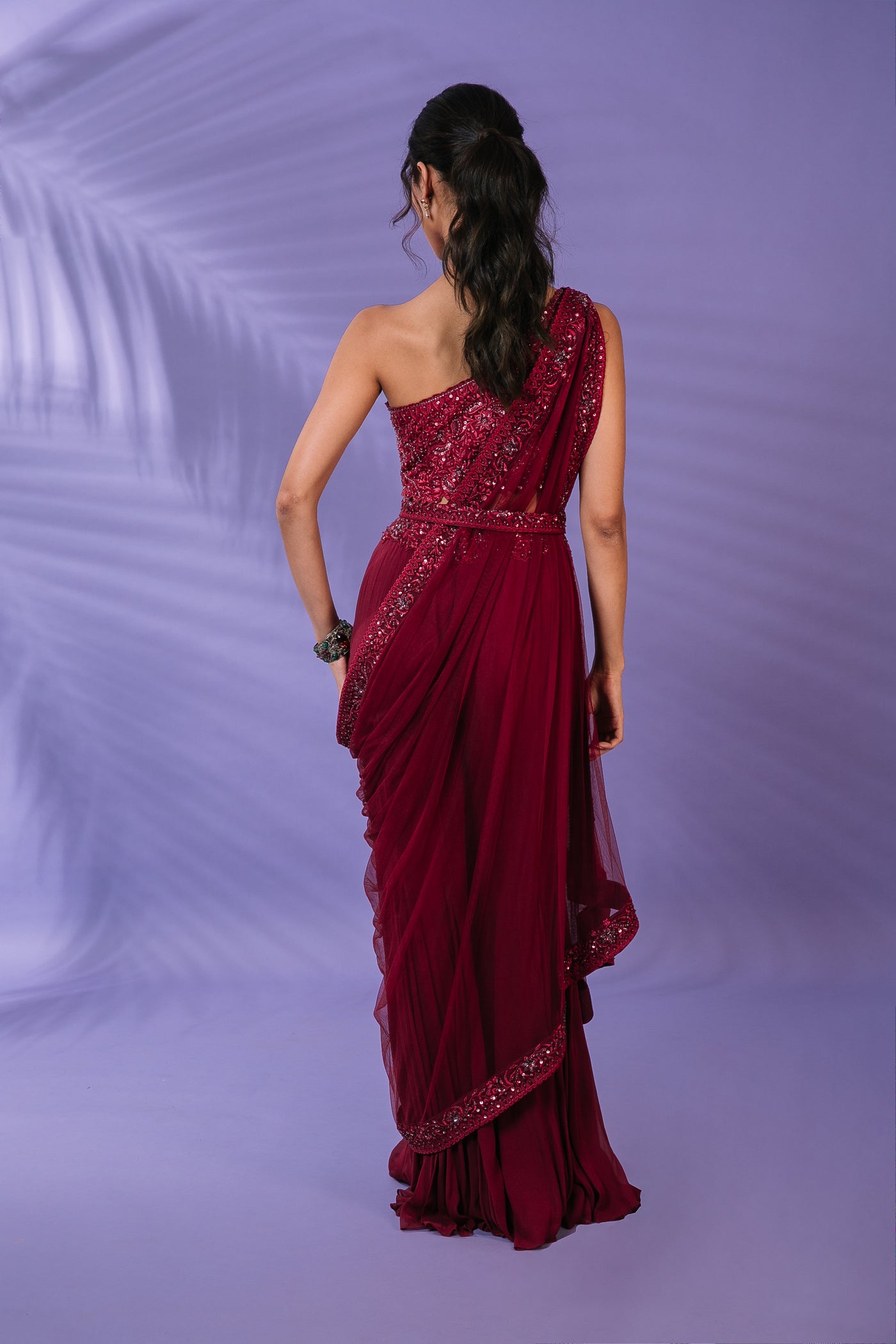 Crimson One-shoulder Draped Pant Saree Set