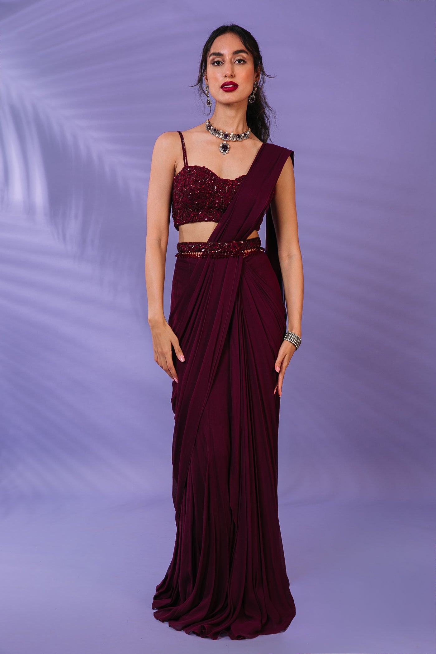 Maroon Pre-draped Saree Set