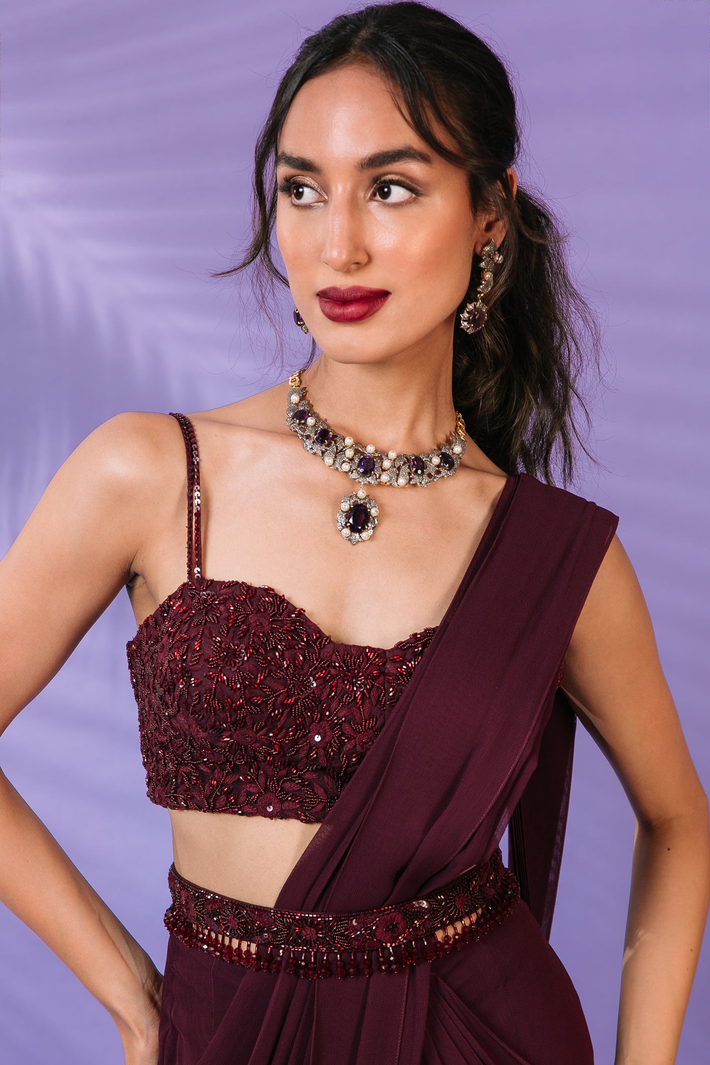 Maroon Pre-draped Saree Set