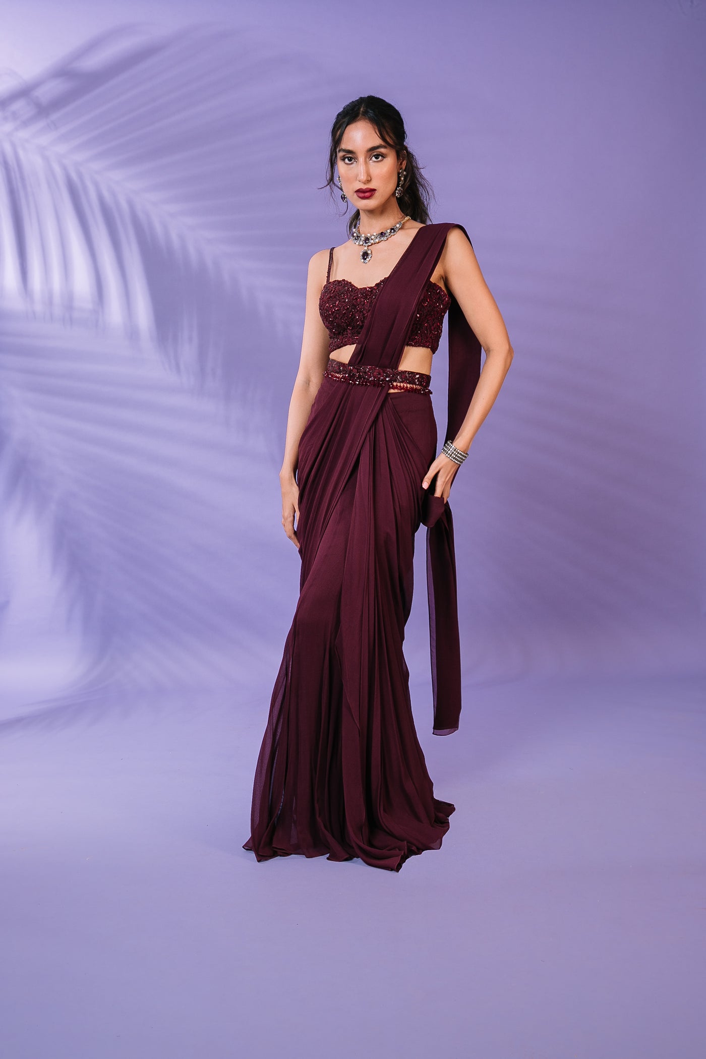 Maroon Pre-draped Saree Set