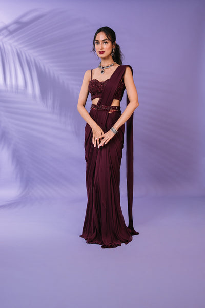 Maroon Pre-draped Saree Set