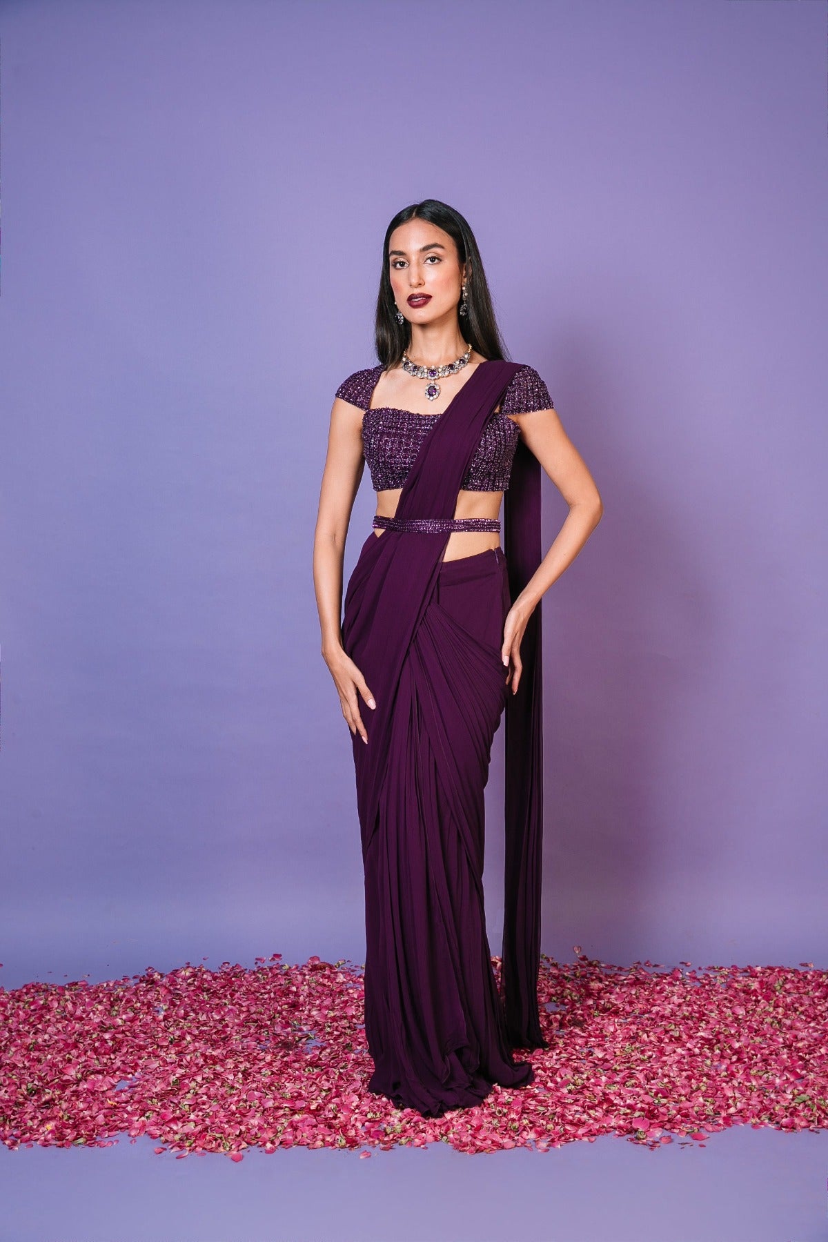 Aubergine Pre Draped Saree Set