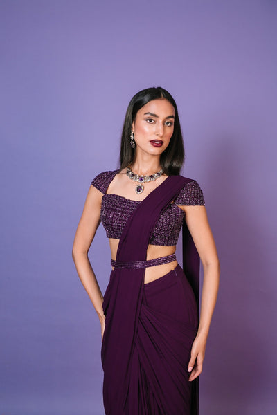 Aubergine Pre Draped Saree Set