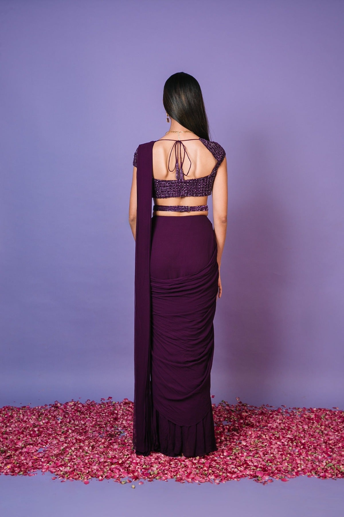 Aubergine Pre Draped Saree Set