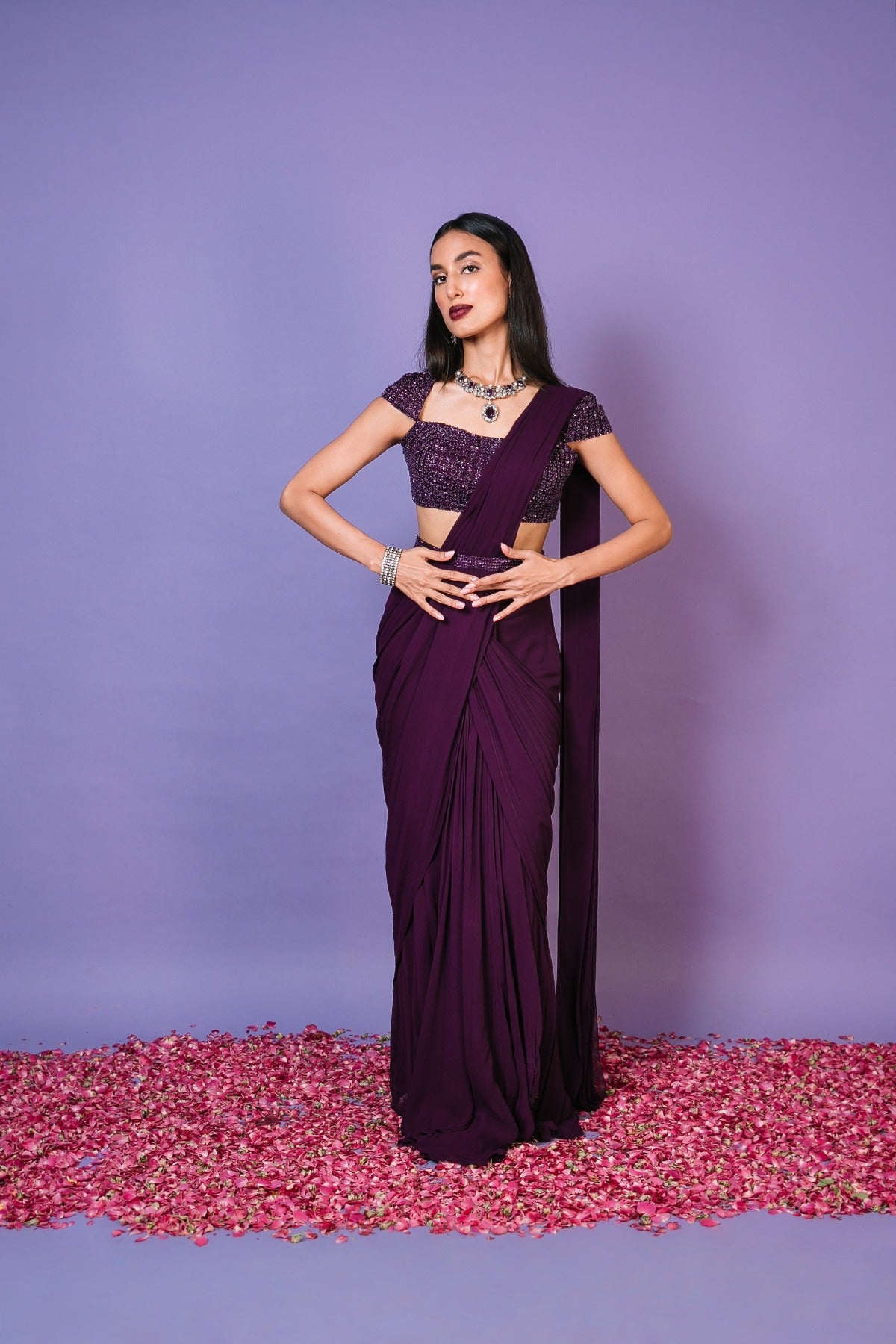 Aubergine Pre Draped Saree Set