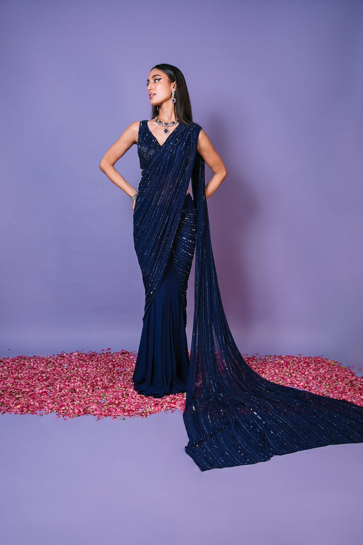 Indigo Hand Embroidered Cocktail Saree Set – PritikaVora