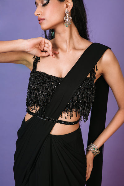 Black Layered Saree And Tassel Blouse Set