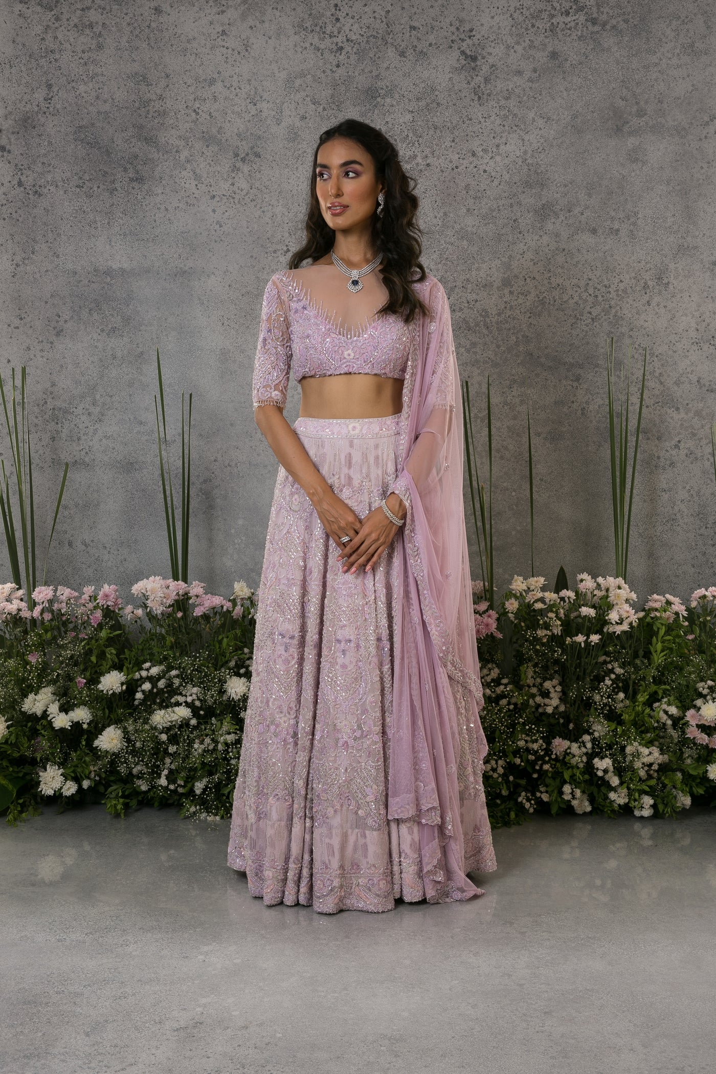 Light Lilac Hand Embroidered Lehenga Set