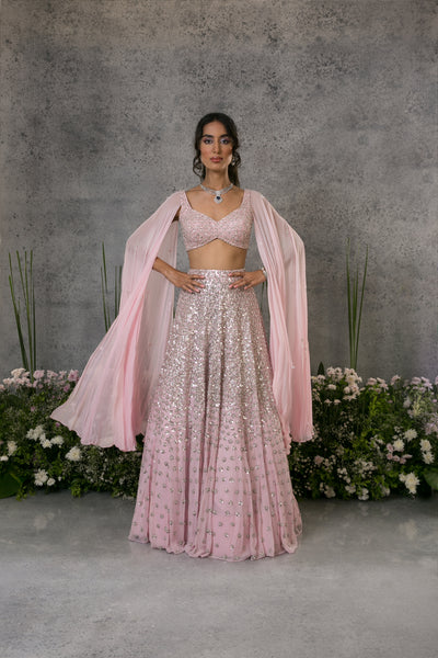 Baby Pink Cape Style Blouse And Lehenga Set