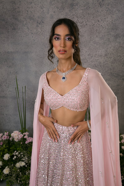 Baby Pink Cape Style Blouse And Lehenga Set