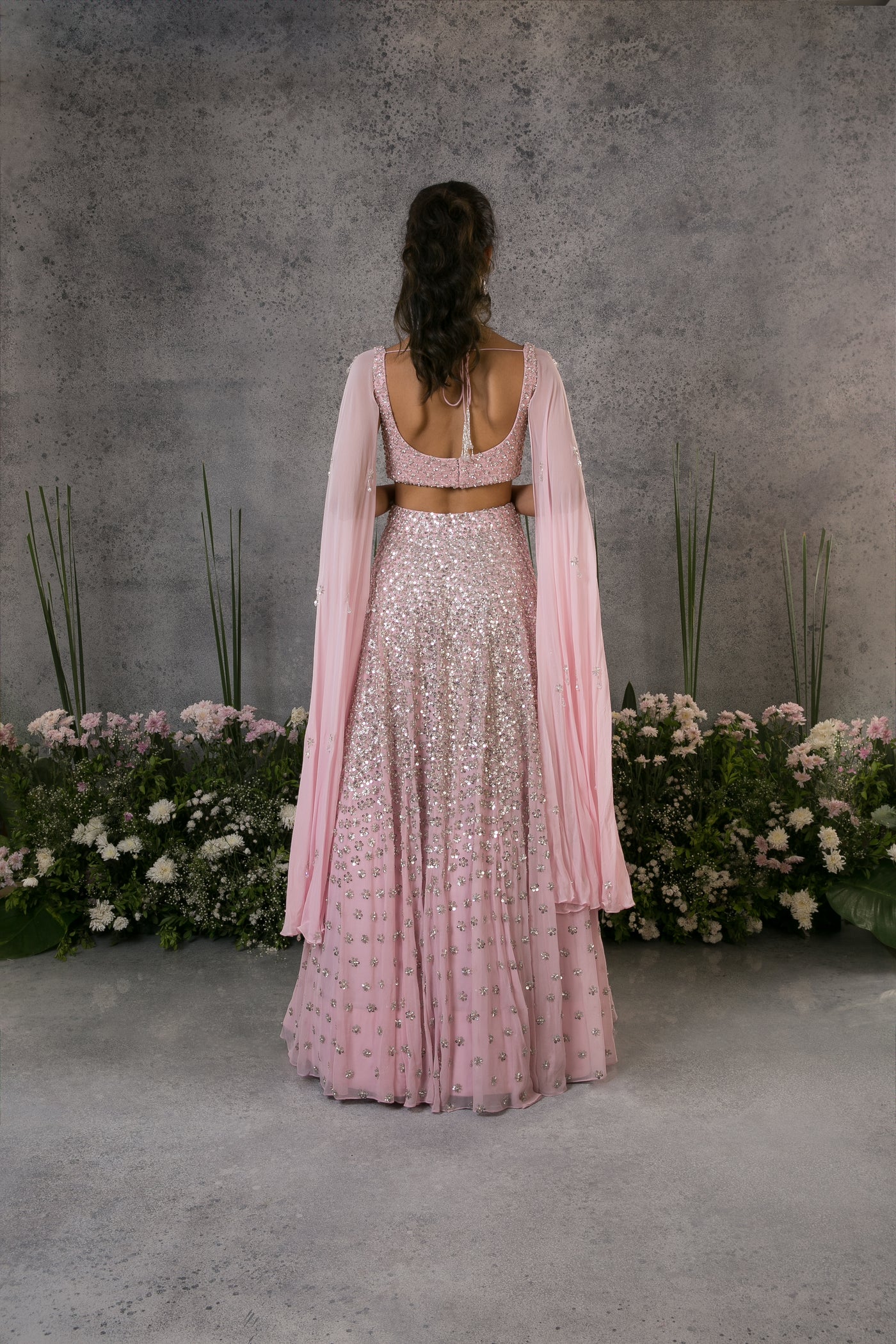 Baby Pink Cape Style Blouse And Lehenga Set