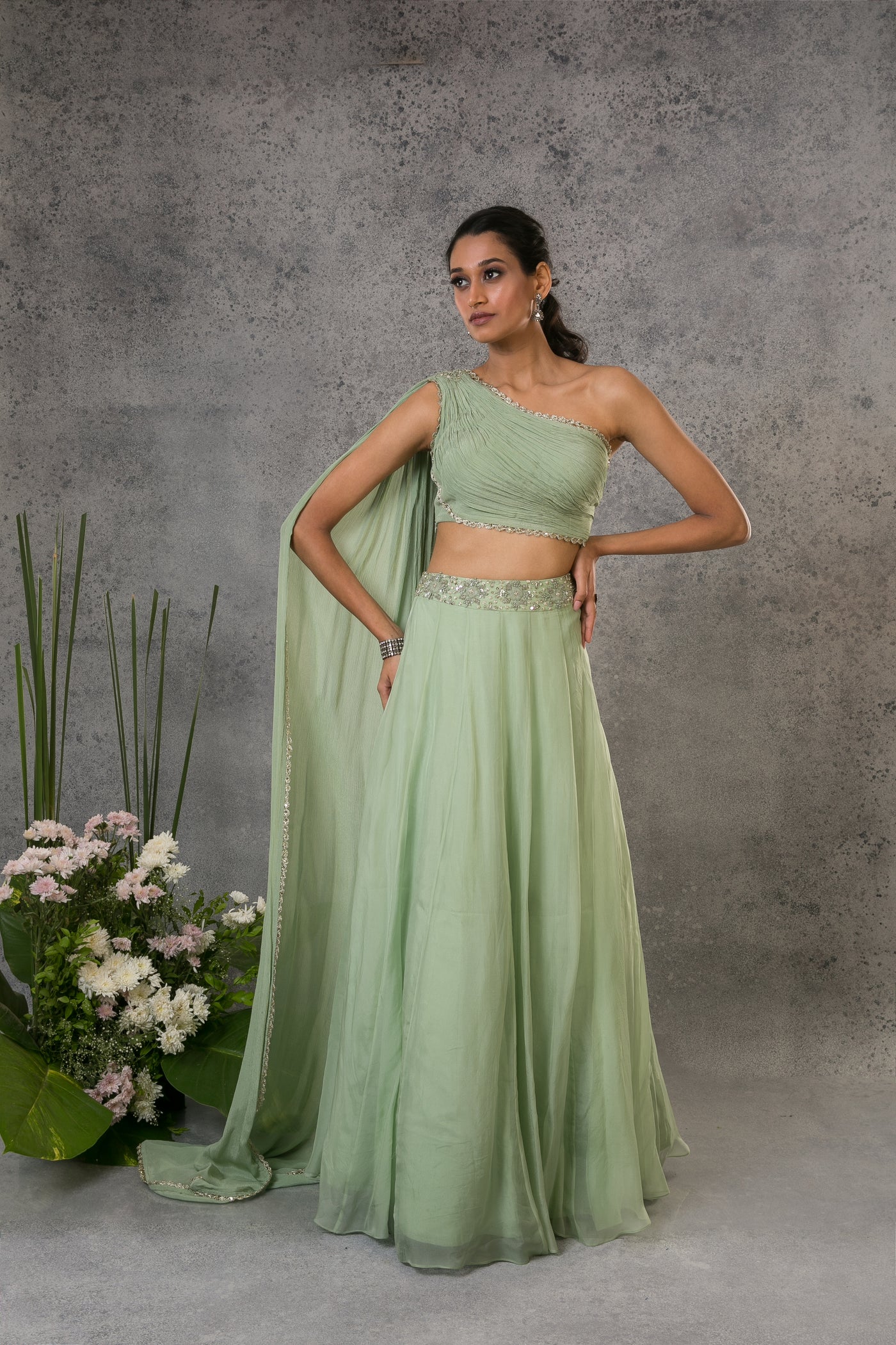 Pista Green One Shoulder Lehenga Set