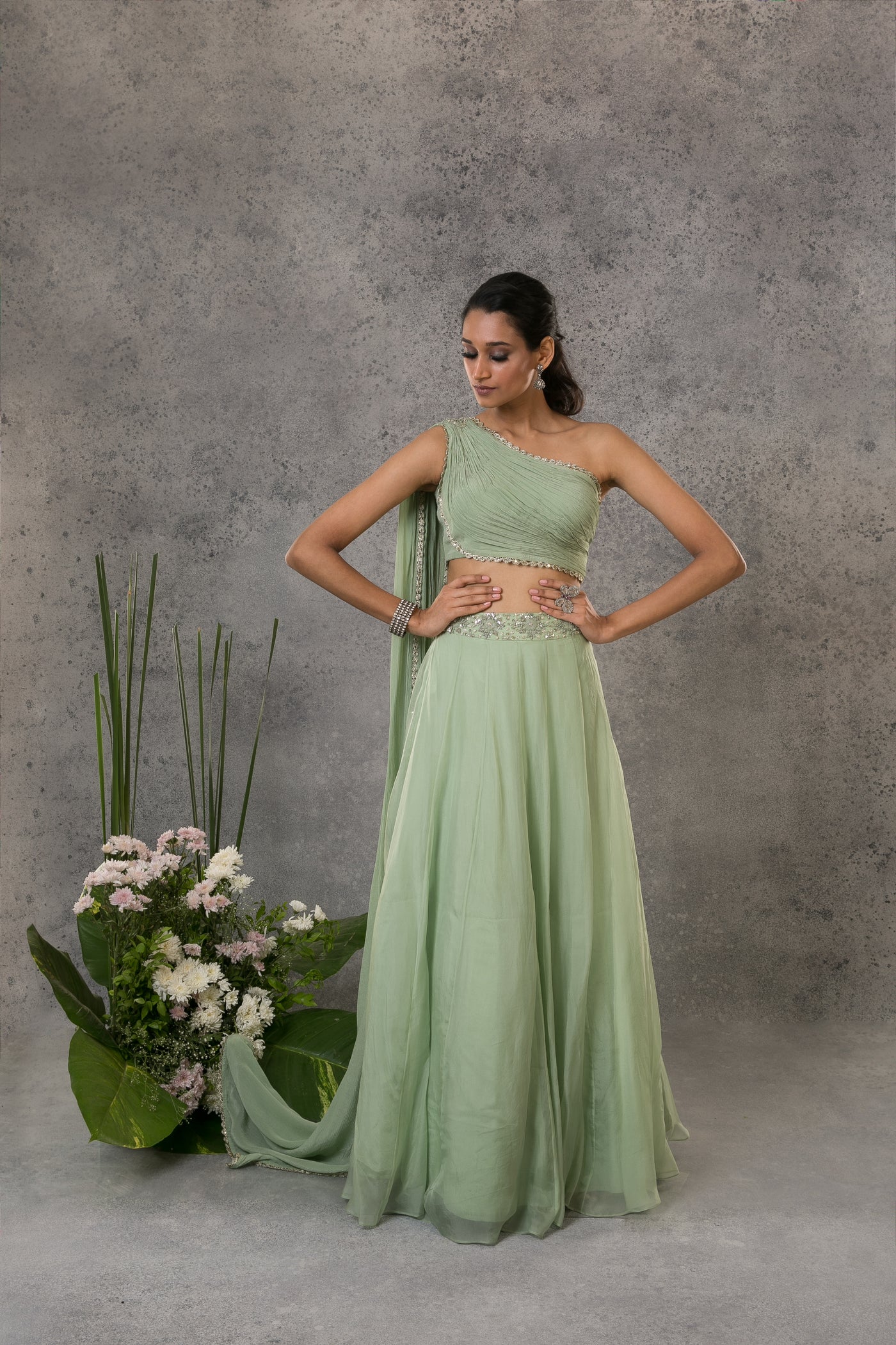 Pista Green One Shoulder Lehenga Set