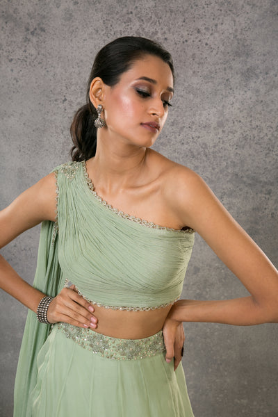 Pista Green One Shoulder Lehenga Set