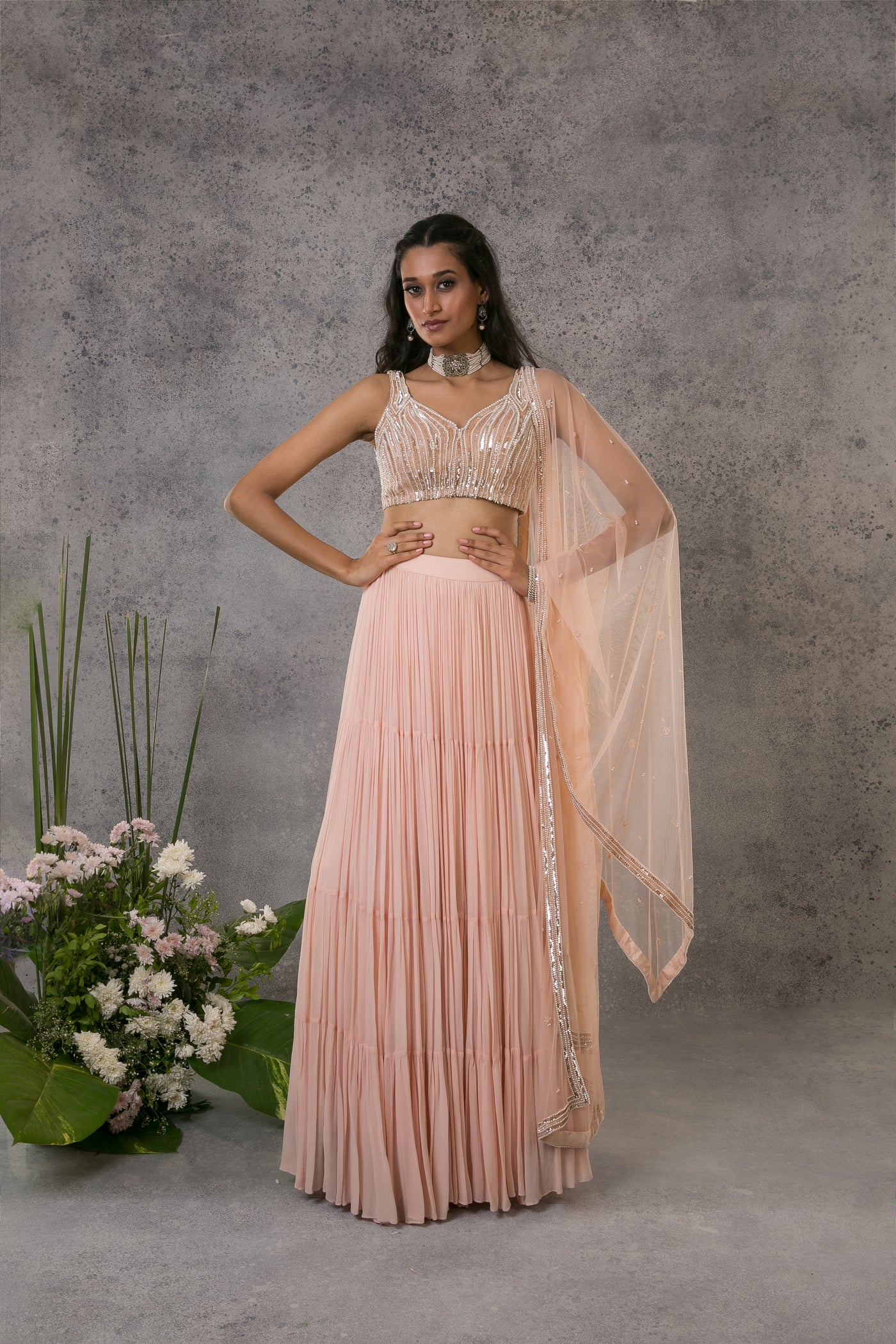 Peach Tiered Lehenga Set