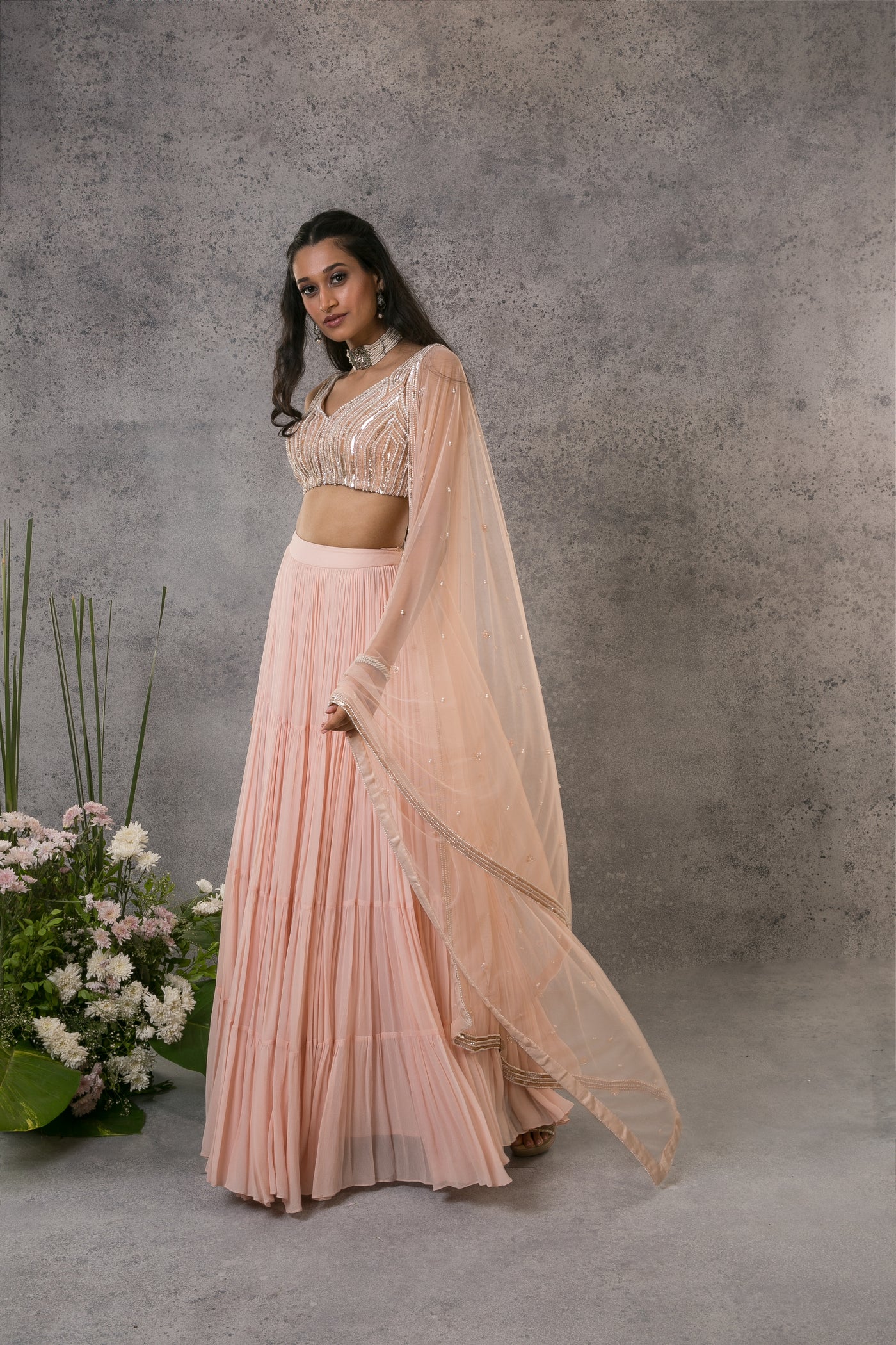 Peach Tiered Lehenga Set