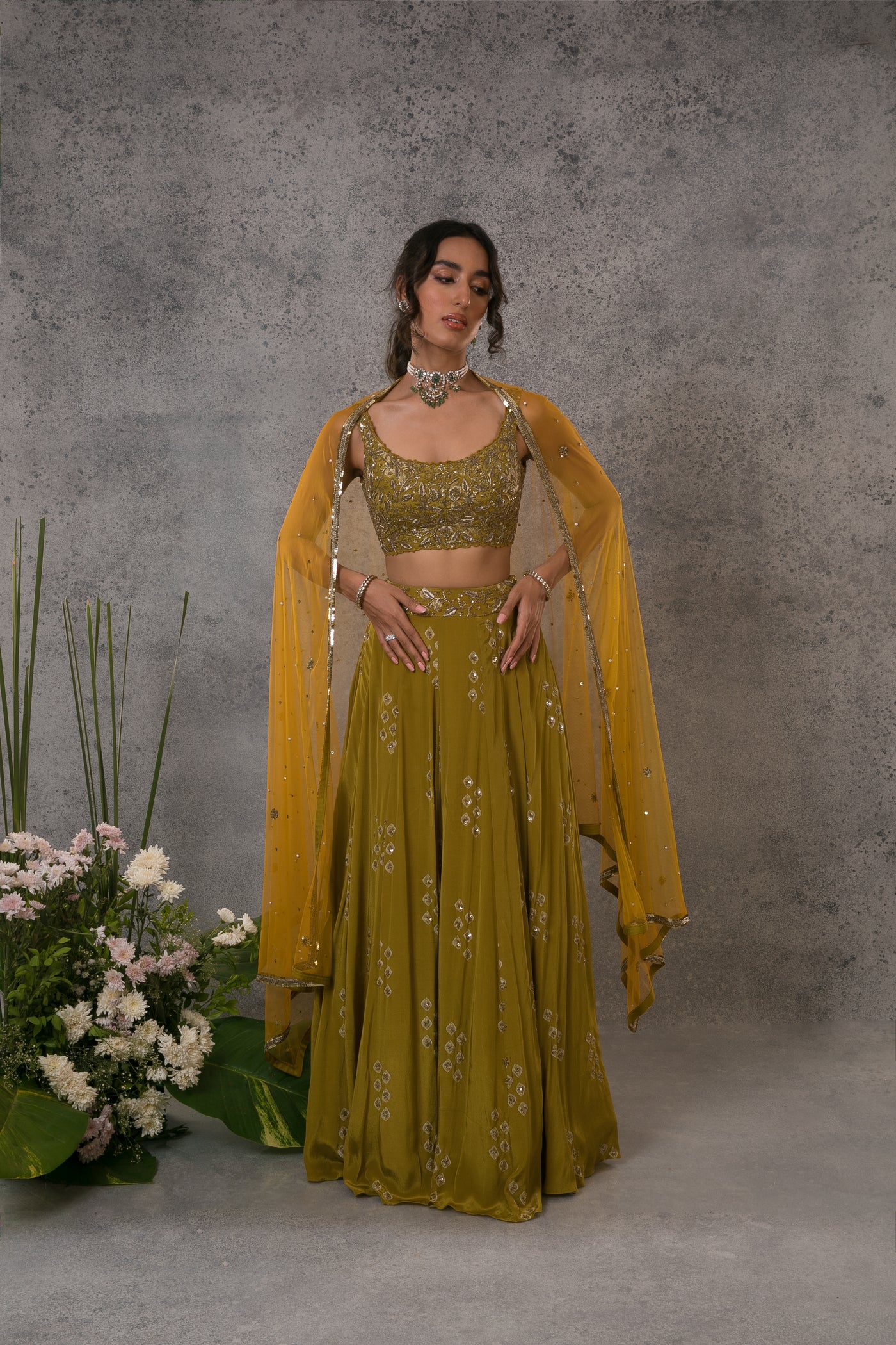 Green Printed Zardosi Lehenga Set