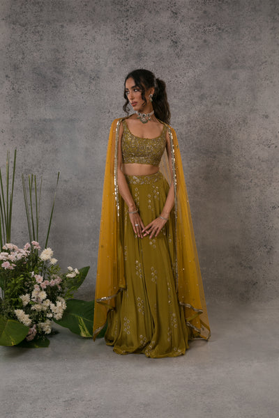 Green Printed Zardosi Lehenga Set