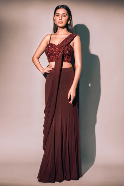 Maroon Corset Style Blouse With Saree Set