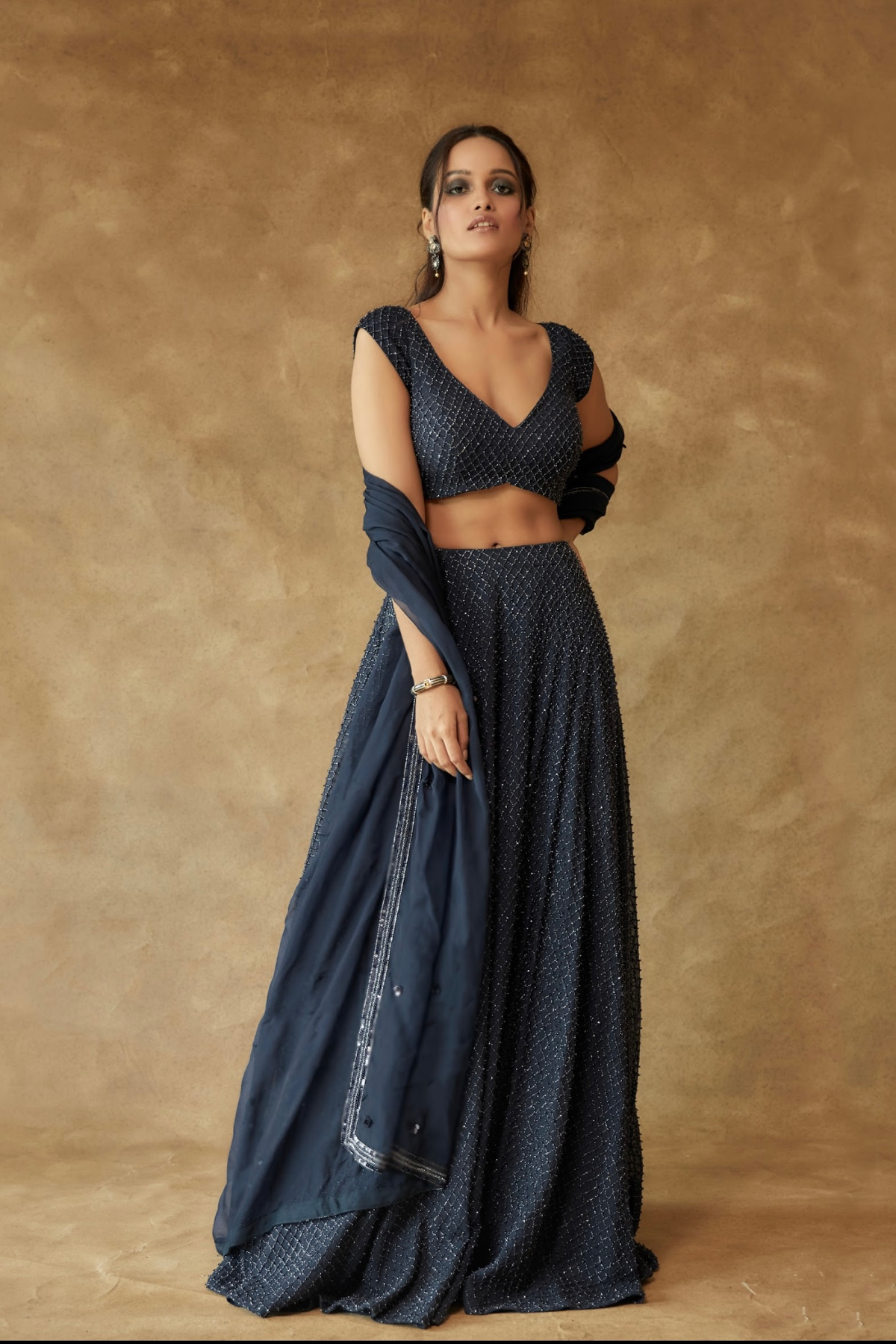 Navy Blue Crystal Hand Embroidered Lehenga Set Paired With A Dupatta