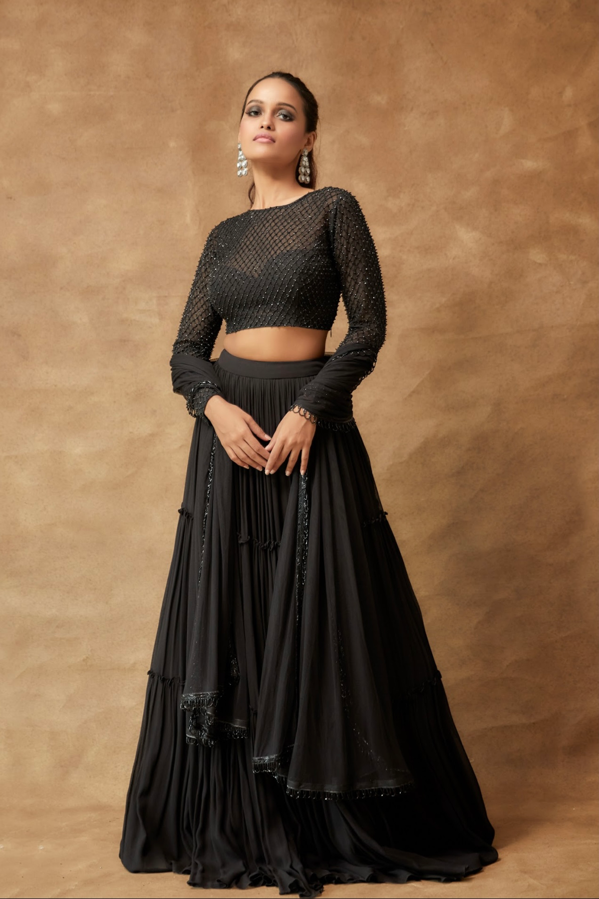 All Black Hand Embroidered Tiered Lehenga Set Paired With A Dupatta