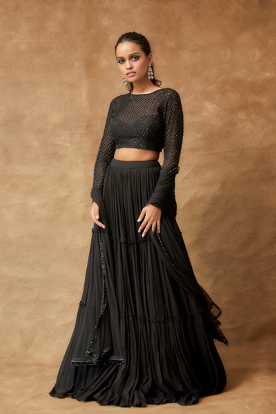 All Black Hand Embroidered Tiered Lehenga Set Paired With A Dupatta