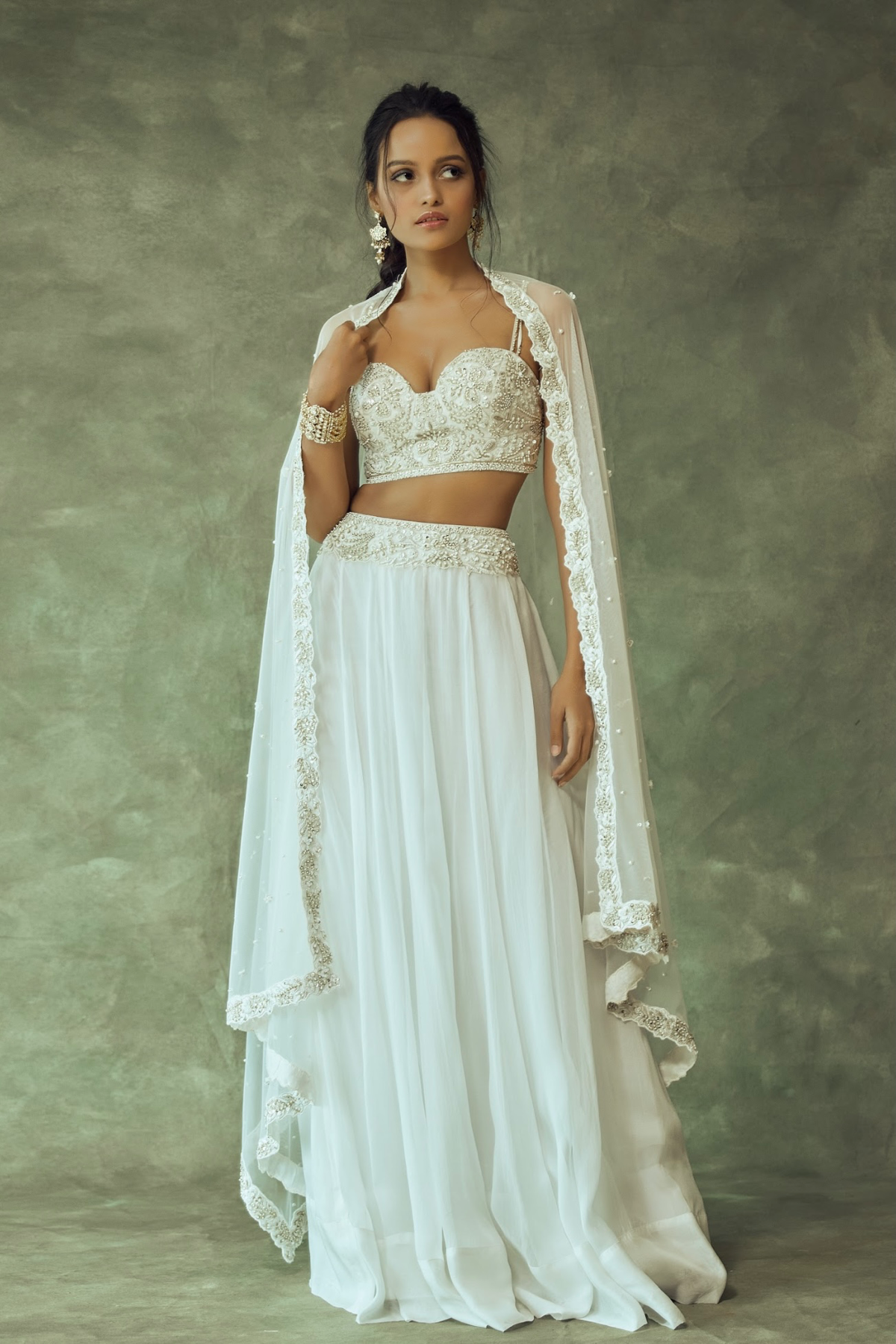 White and Gold Embroidered Lehenga Set With Dupatta