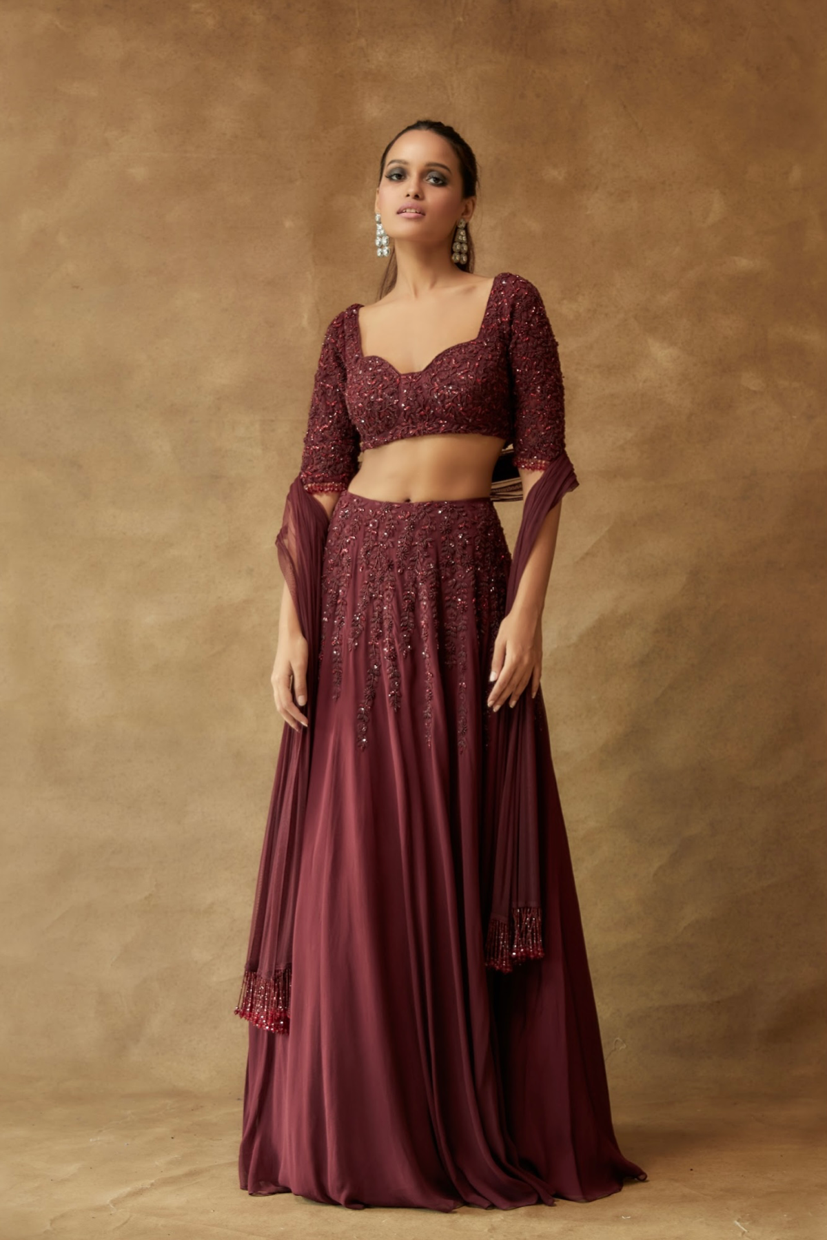 Rosewood Hand Embroidered corset Style Blouse And Lehenga Set