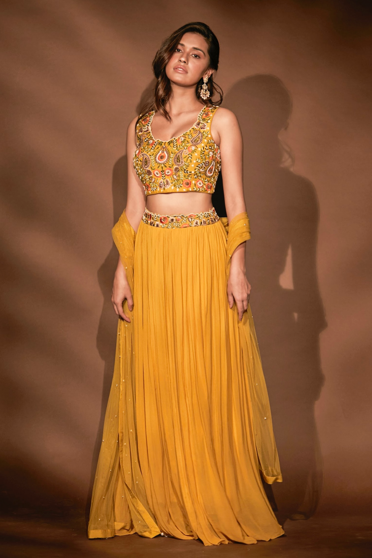 Mustard Yellow Multi-colored Embroidered Blouse And Lehenga Set