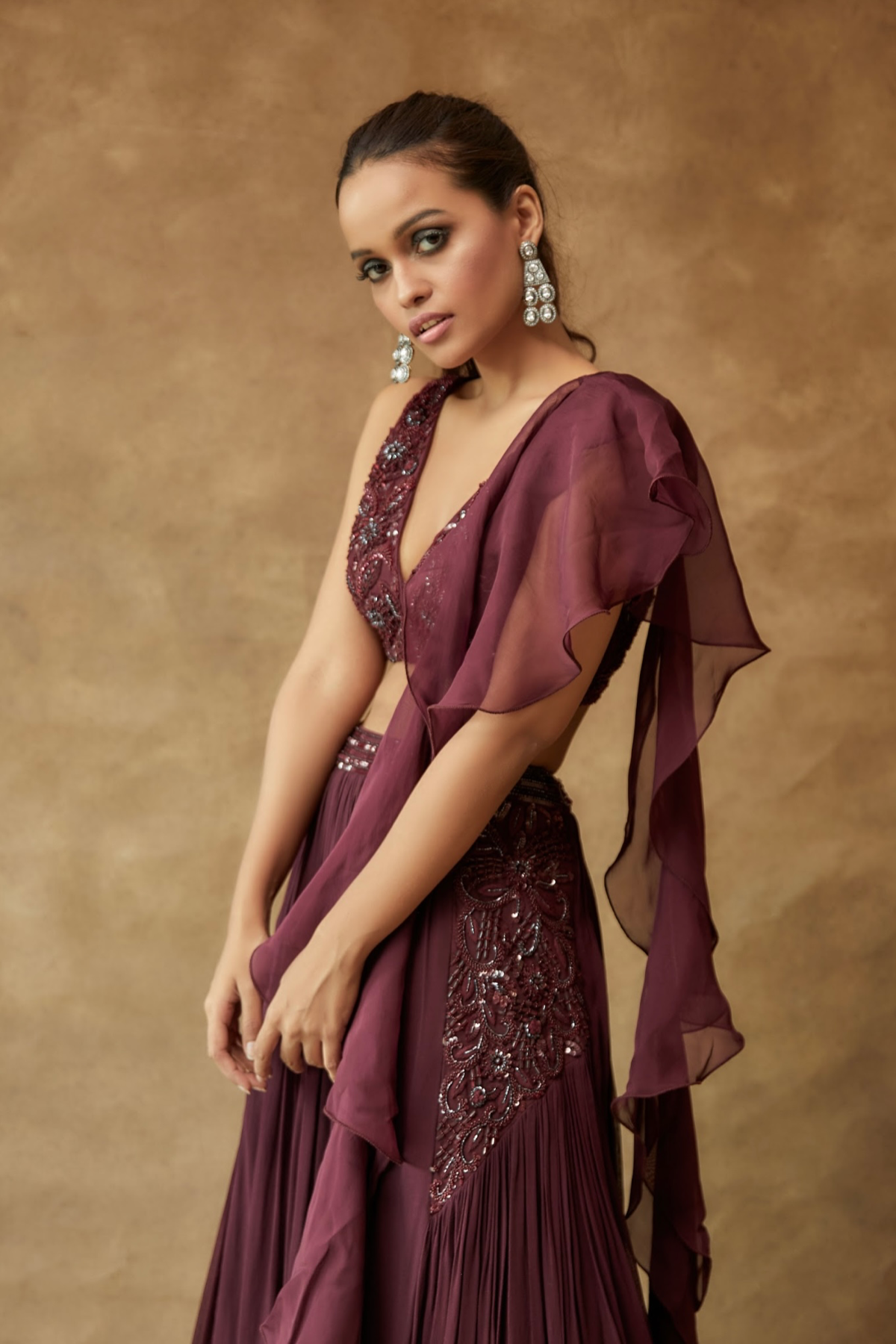 Burgundy Lehenga With Hand Embroidered Panels Paired With A Ruffle Dupatta