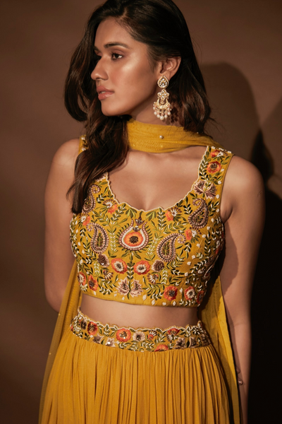 Mustard Yellow Multi-colored Embroidered Blouse And Lehenga Set