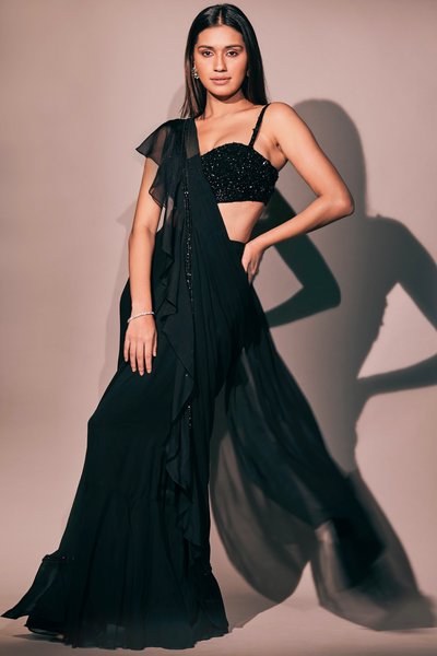 Black Ruffle Edged Saree Set