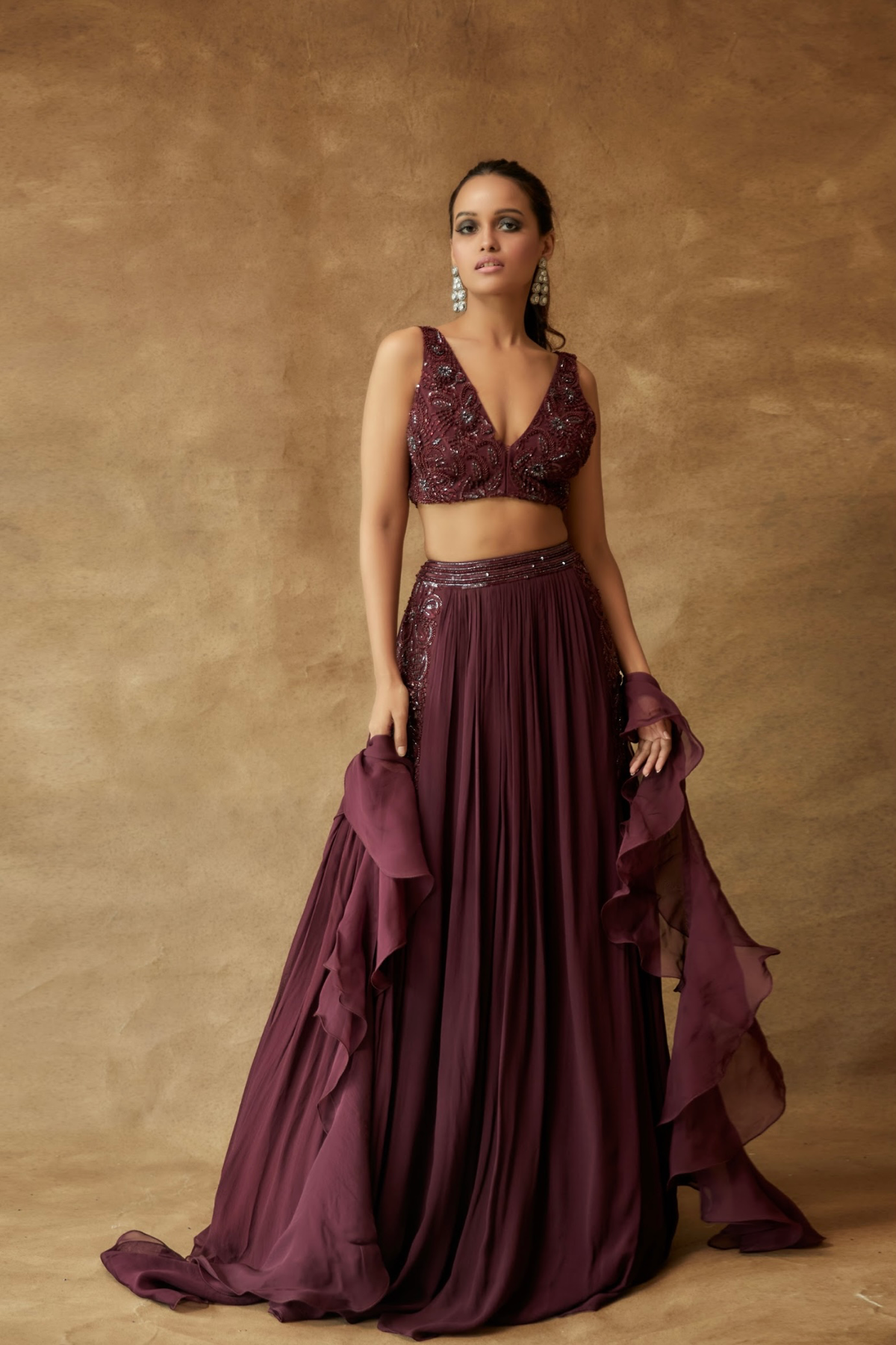 Burgundy Lehenga With Hand Embroidered Panels Paired With A Ruffle Dupatta