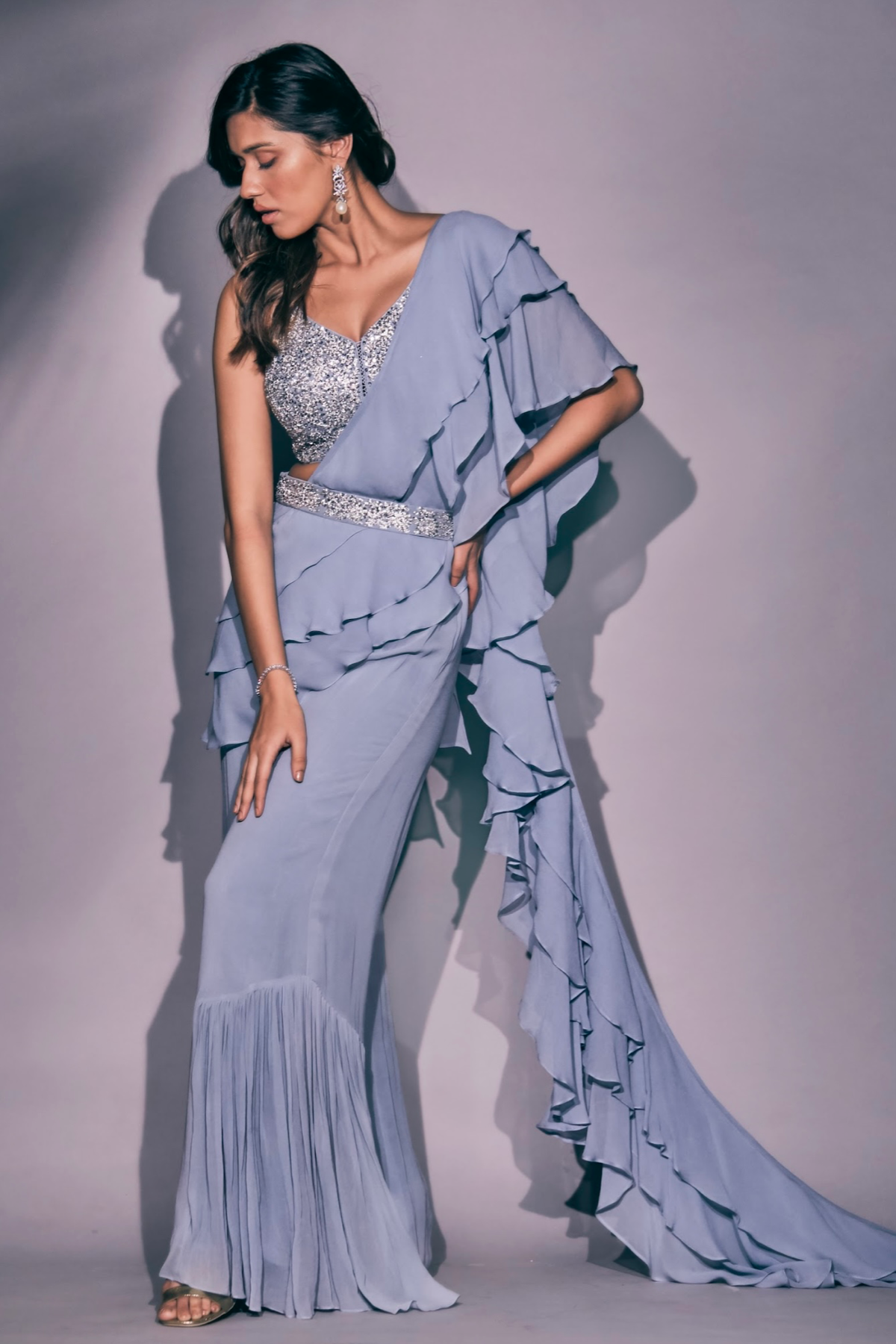 Powder Blue 3 Layer Ruffle Pant Saree With Embroidered Belt